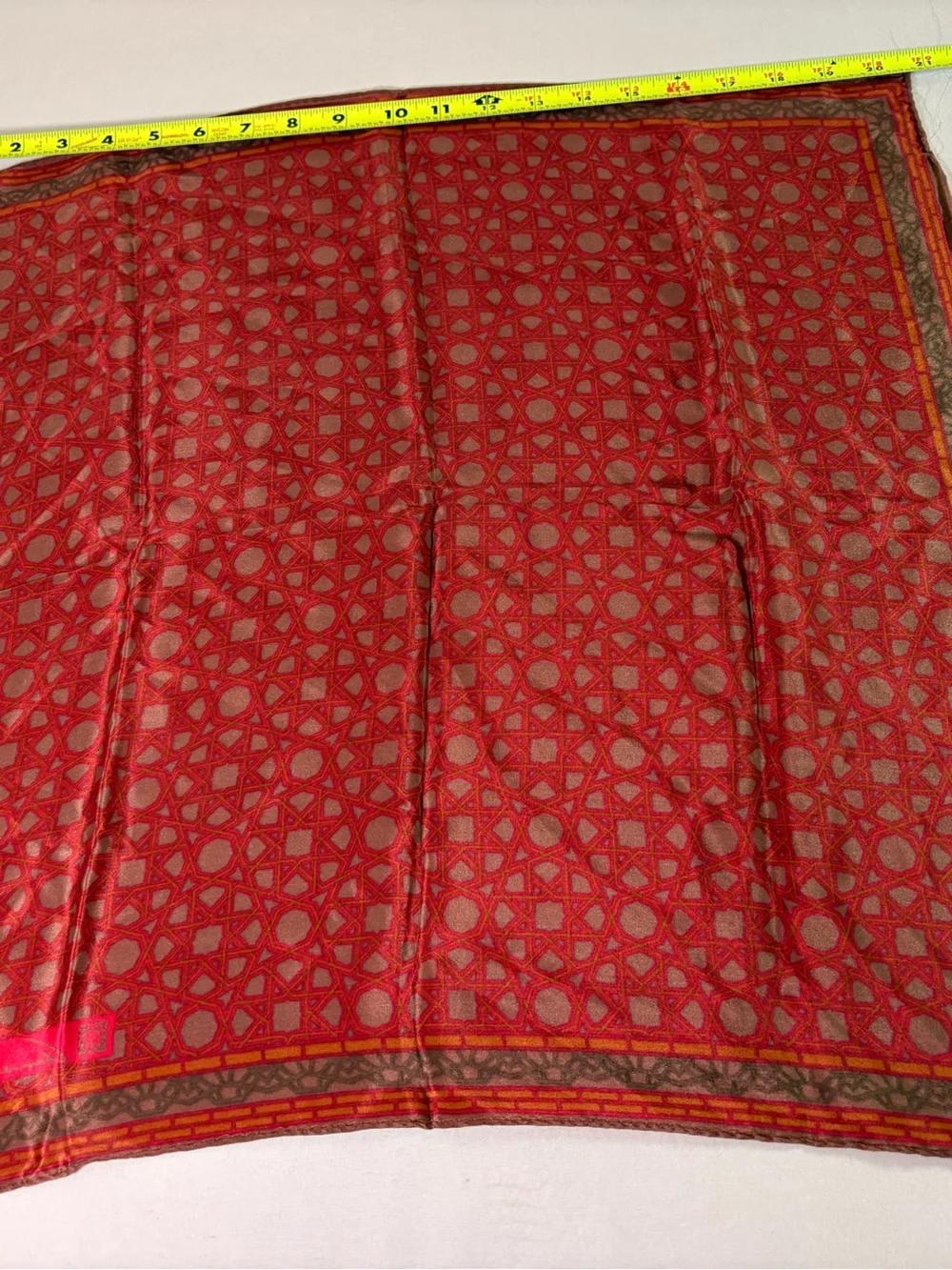 Anne Klein Red Geometric Silk Scarf with Brown and Orange Border